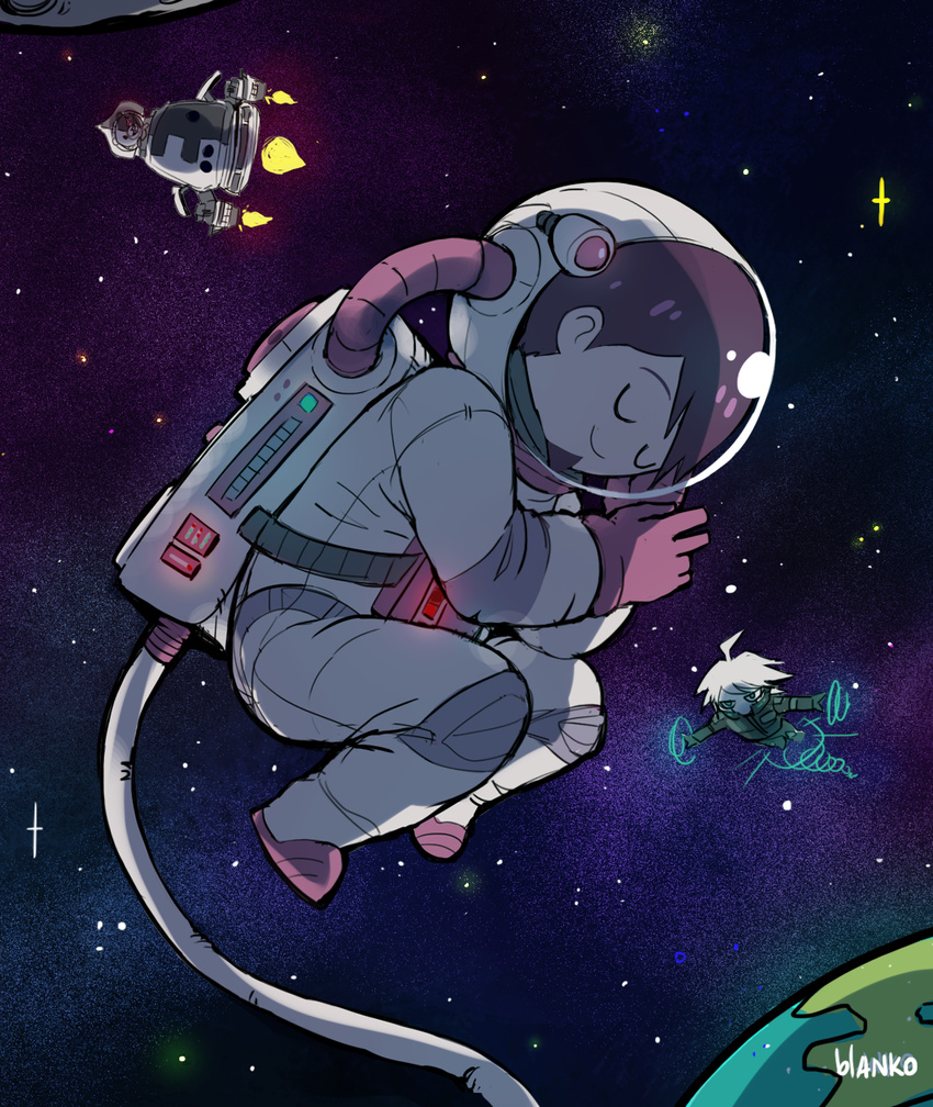 android astronaut beard blanko! closed_eyes danganronpa earth facial_hair flying highres keebo momota_kaito multiple_boys new_danganronpa_v3 purple_hair rocket short_hair signature silver_hair sleeping smile space