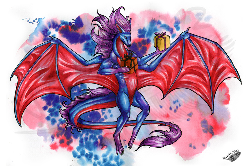 2012 anthro claws dragon gift hair holding_object membranous_wings natoli purple_hair simple_background smile solo traditional_media_(artwork) watermark wings