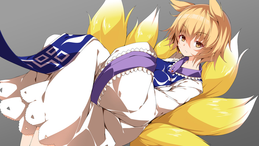 animal_ears blonde_hair blush dress short_hair tails touhou yakumo_ran yellow_eyes