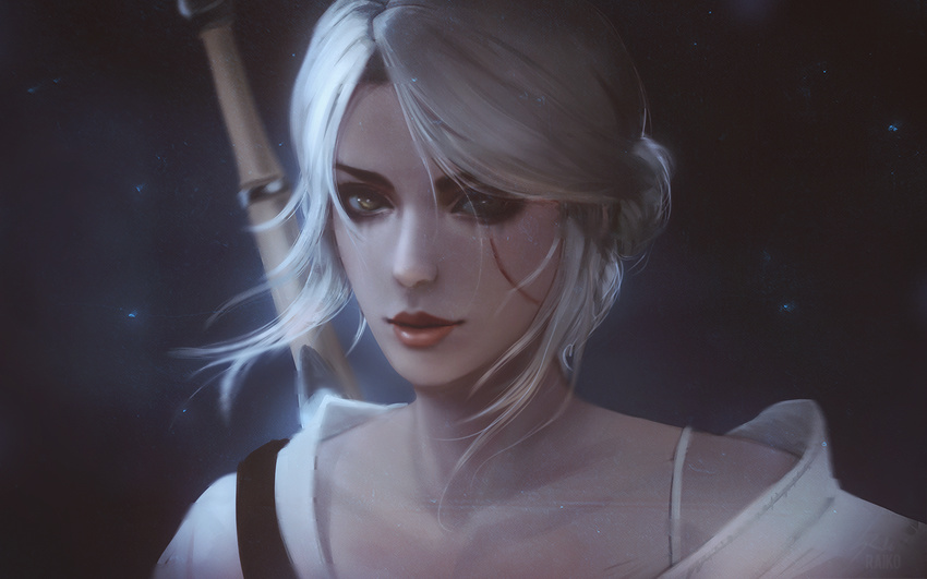 ciri face green_eyes highres lips looking_at_viewer raikoart scar short_hair silver_hair solo sword the_witcher the_witcher_3 weapon wind