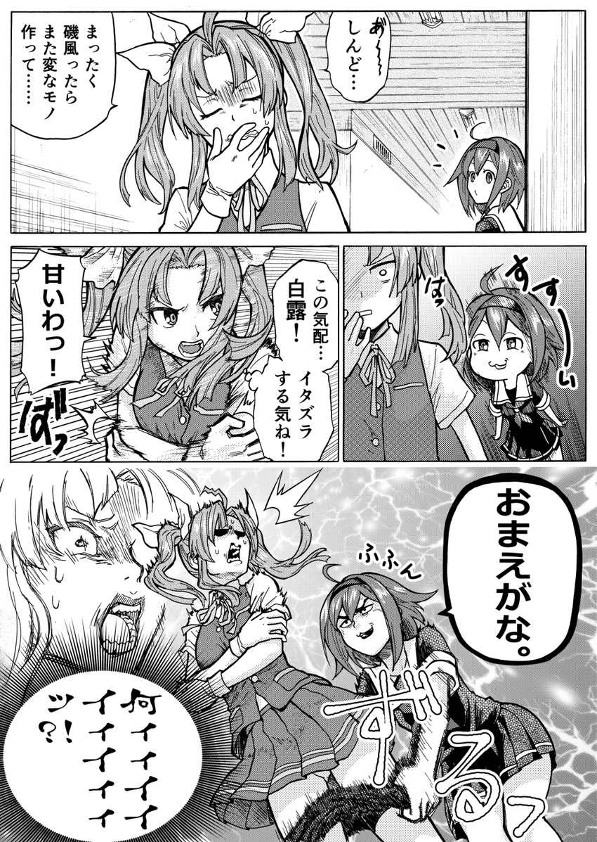 2girls :3 :d ahoge bike_shorts bike_shorts_pull comic commentary_request gloves greyscale hairband highres kagerou_(kantai_collection) kantai_collection long_hair monochrome multiple_girls munmu-san open_mouth pleated_skirt school_uniform serafuku shiratsuyu_(kantai_collection) short_hair skirt smile sweat thought_bubble translated twintails