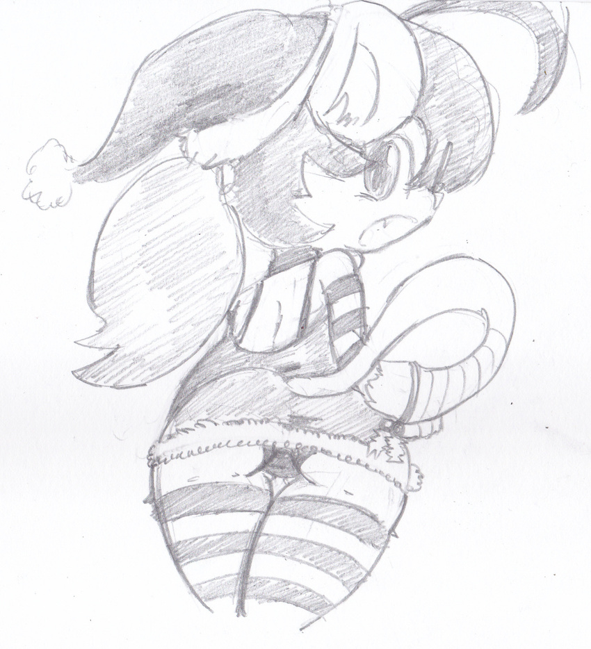 anthro black_bottomwear black_clothing black_panties butt cat christmas clothing dress feline female fur hair hat holidays legwear looking_back mammal midori_(catwithbenefits) santa_hat sketch sleeves stockings striped_legwear striped_stockings stripes surprise tail_ornament thigh_highs traditional_media_(artwork) upskirt vono