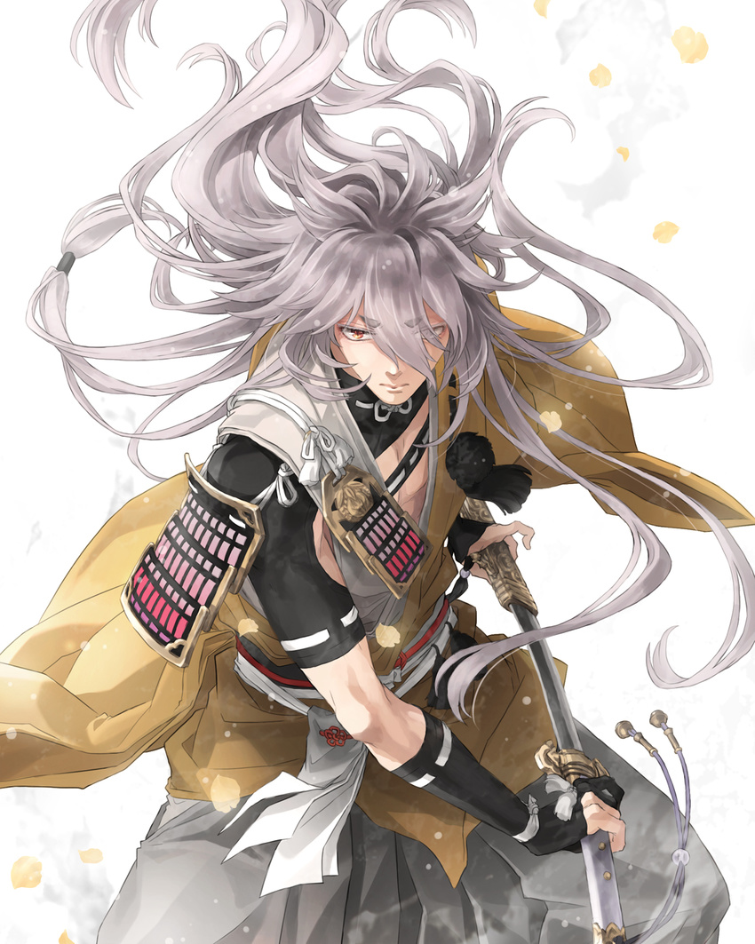 animal_ears armor bishounen black_gloves commentary_request fox_boy fox_ears gloves gold_trim hakama highres japanese_armor japanese_clothes katana kogitsunemaru long_hair looking_at_viewer male_focus partly_fingerless_gloves petals pom_pom_(clothes) red_eyes serious sheath short_eyebrows shoulder_armor sode solo suzuneko-rin sword tassel thick_eyebrows touken_ranbu unsheathing weapon white_hair