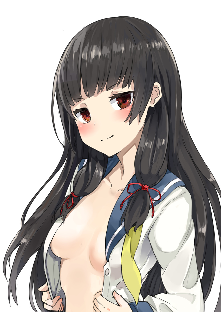 bangs black_hair blunt_bangs blush breasts cleavage collarbone eyebrows_visible_through_hair hair_ribbon hi_nomase_ijin highres isokaze_(kantai_collection) kantai_collection light_smile long_hair long_sleeves looking_at_viewer medium_breasts no_bra red_eyes ribbon school_uniform sidelocks simple_background solo unbuttoned undressing upper_body white_background