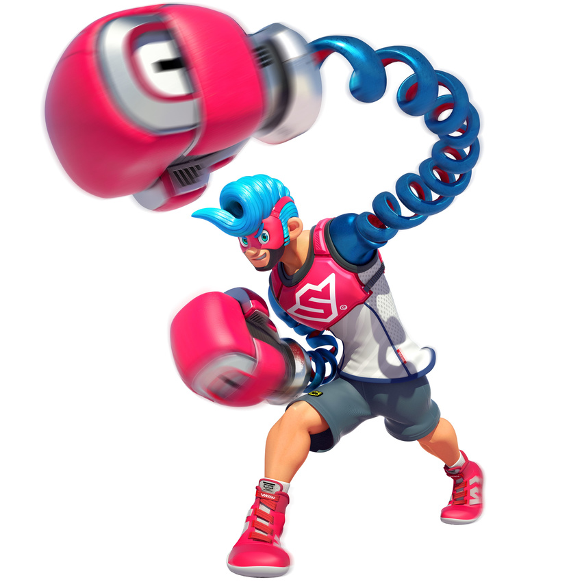 absurdres arms_(game) blue_hair boxing_gloves fighting_stance full_body grey_shorts highres looking_at_viewer male_focus mask official_art pompadour shoes shorts smile smirk sneakers solo spring_man_(arms) thick_eyebrows toaster_(arms)