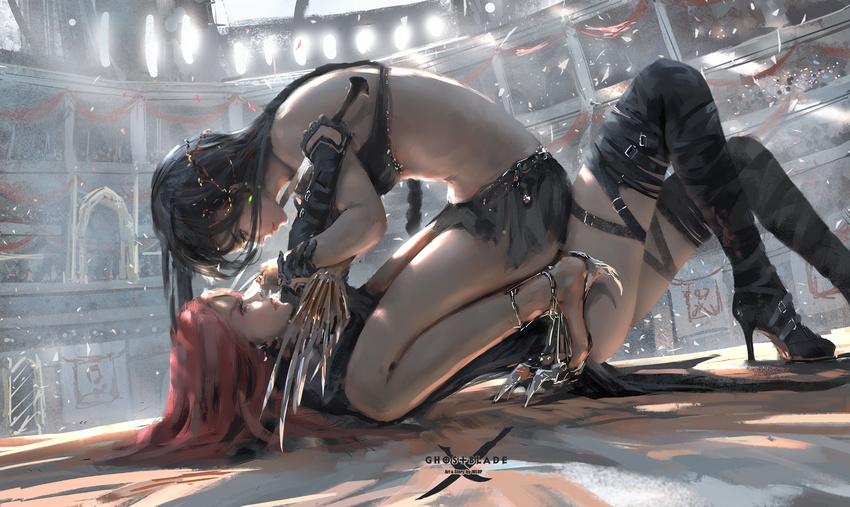 arena black-haired_girl_(wlop) black_footwear black_hair black_legwear blue_eyes boots breasts claws ghostblade high_heel_boots high_heels long_hair long_legs lying medium_breasts midriff multiple_girls on_back red_eyes red_hair sitting sitting_on_person thigh_boots thighhighs wlop
