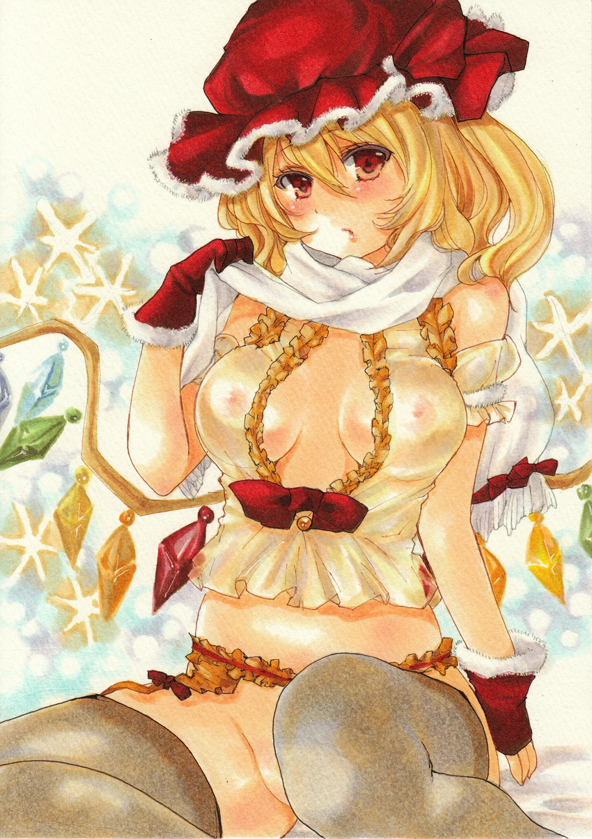 absurdres blonde_hair breasts breasts_apart covered_nipples cowboy_shot crystal detached_sleeves flandre_scarlet garter_belt gloves hat highres lips long_hair looking_at_viewer marker_(medium) medium_breasts nipples no_panties red_eyes scarf see-through short_sleeves side_ponytail sitting solo thighhighs touhou traditional_media wings yurun