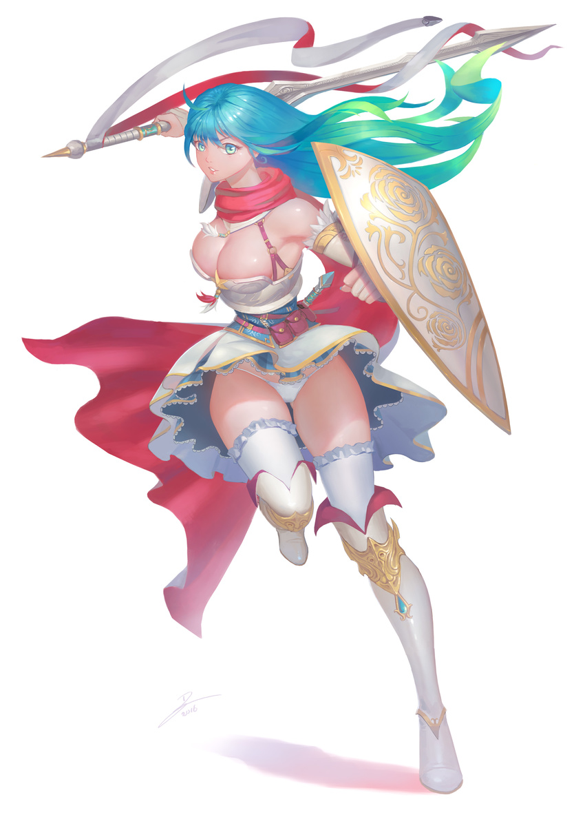 absurdres aqua_eyes aqua_hair blue_hair boots breasts cleavage detached_sleeves duan_henglong fantasy frilled_legwear full_body gradient_hair green_hair highres knight large_breasts long_hair looking_at_viewer multicolored_hair original panties pantyshot pantyshot_(standing) parted_lips petticoat red_scarf scarf shield solo standing standing_on_one_leg sword thigh_boots thighhighs underwear weapon white_footwear white_legwear white_panties