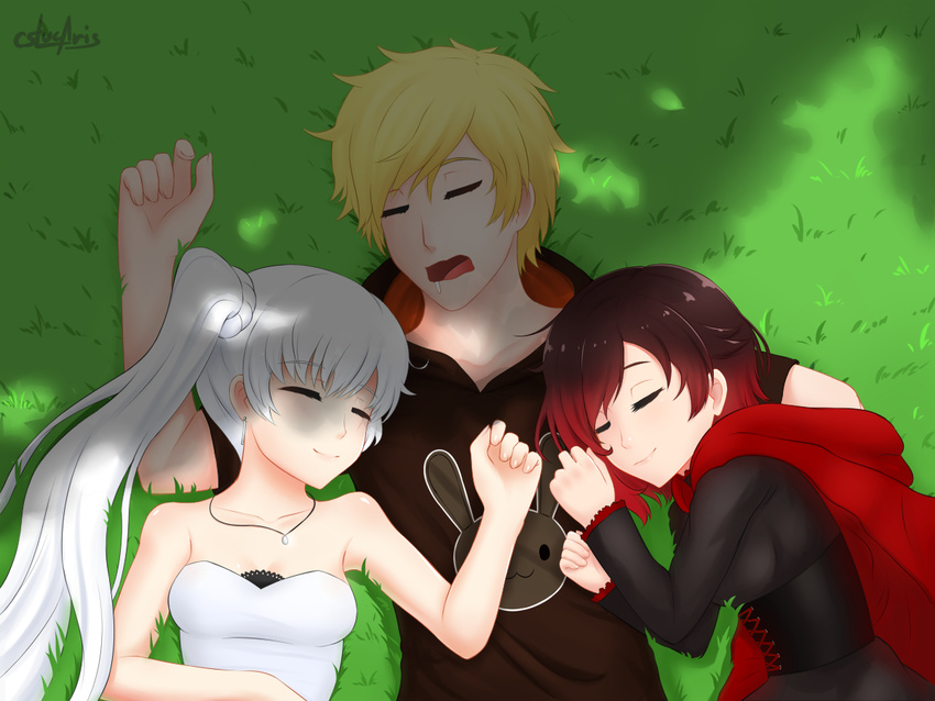 1boy 2girls alternate_costume alternate_outfit blonde_hair cape cslucaris earring eyes_closed grass jaune_arc multiple_girls necklace rabbit red_hair ruby_rose rwby saliva short_hair side_ponytail sleeping weiss_schnee white_hair