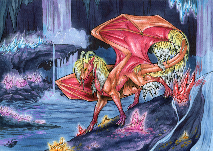 2013 blonde_hair cave cavern claws detailed_background dragon female feral hair horn membranous_wings natoli smile solo standing traditional_media_(artwork) water waterfall wings yellow_eyes