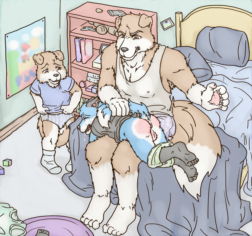 balls bed bedroom butt canine circumcised crying cub diaper dog erection father fox friends invalid_color lavilovi male mammal nursery parent penis pull-ups red_bottom spanking tears young