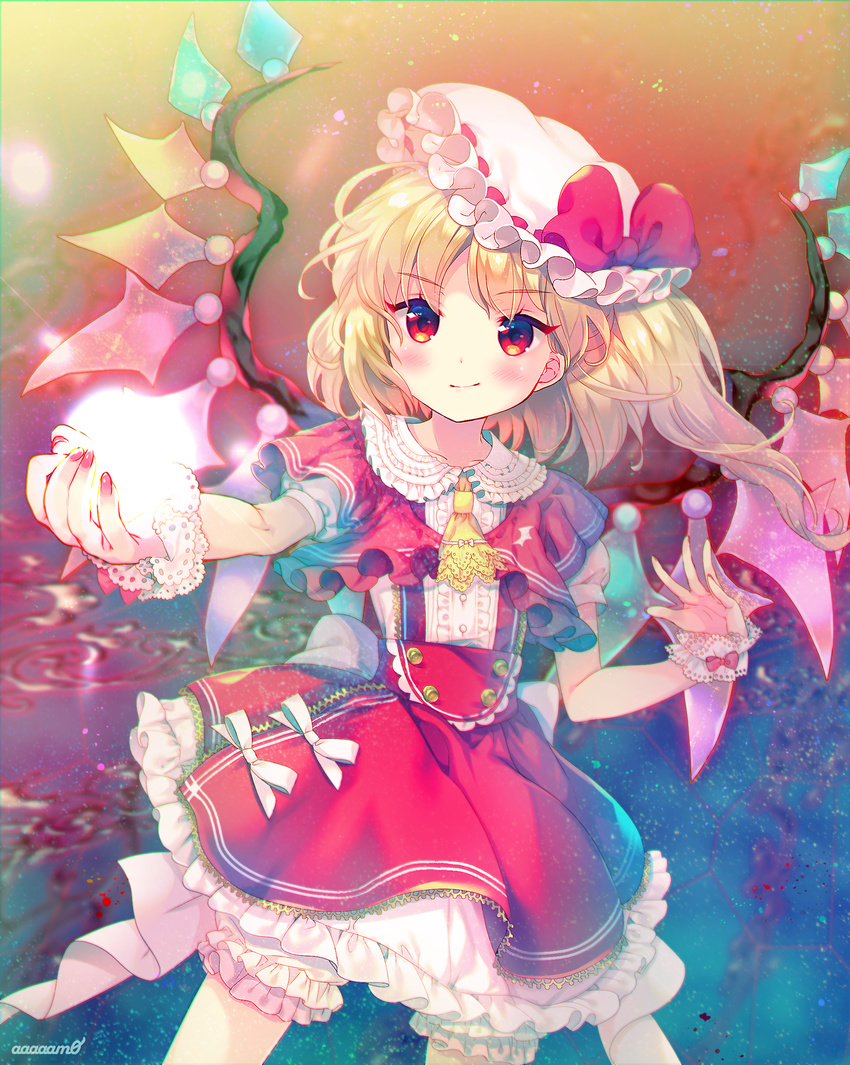 &gt;:) amo ascot blonde_hair bloomers blouse blush bow capelet center_frills chromatic_aberration closed_mouth collarbone commentary_request cowboy_shot crystal embellished_costume flandre_scarlet giving hat hat_bow highres looking_at_viewer mob_cap petticoat puffy_short_sleeves puffy_sleeves red_bow red_eyes red_skirt short_sleeves side_ponytail skirt smile solo suspender_skirt suspenders touhou underwear v-shaped_eyebrows white_blouse wings wrist_cuffs