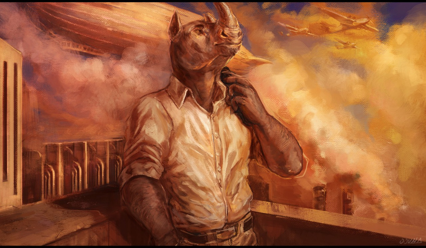 2016 aircraft airplane airship anthro belt brown_bottomwear brown_clothing building clothed clothing detailed_background digital_media_(artwork) digital_painting_(artwork) dress_shirt flying grey_horn grey_skin half-length_portrait horn letterbox looking_up male mammal oouna pants portrait rhinoceros ryan_carthage shirt signature smoke solo standing white_clothing white_topwear