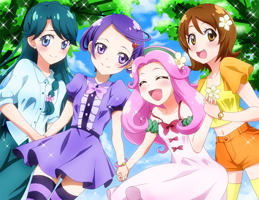 :d blue_eyes blue_hair blush bracelet braid brown_eyes brown_hair closed_eyes cowboy_shot crown_braid day dokidoki!_precure dress flower go!_princess_precure hair_flower hair_ornament hairclip hanami_kotoha happinesscharge_precure! headband holding_hands jewelry kaidou_minami kenzaki_makoto long_hair looking_at_viewer mahou_girls_precure! masako_(sabotage-mode) multiple_girls oomori_yuuko open_mouth outdoors pink_hair precure purple_eyes purple_hair short_hair shorts single_braid smile thighhighs watch wristwatch yellow_eyes