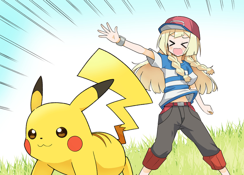 absurdres blonde_hair cosplay gen_1_pokemon highres lillie_(pokemon) long_hair nanakusa_amane pikachu pokemon pokemon_(creature) satoshi_(pokemon) satoshi_(pokemon)_(cosplay) shirt striped striped_shirt z-ring