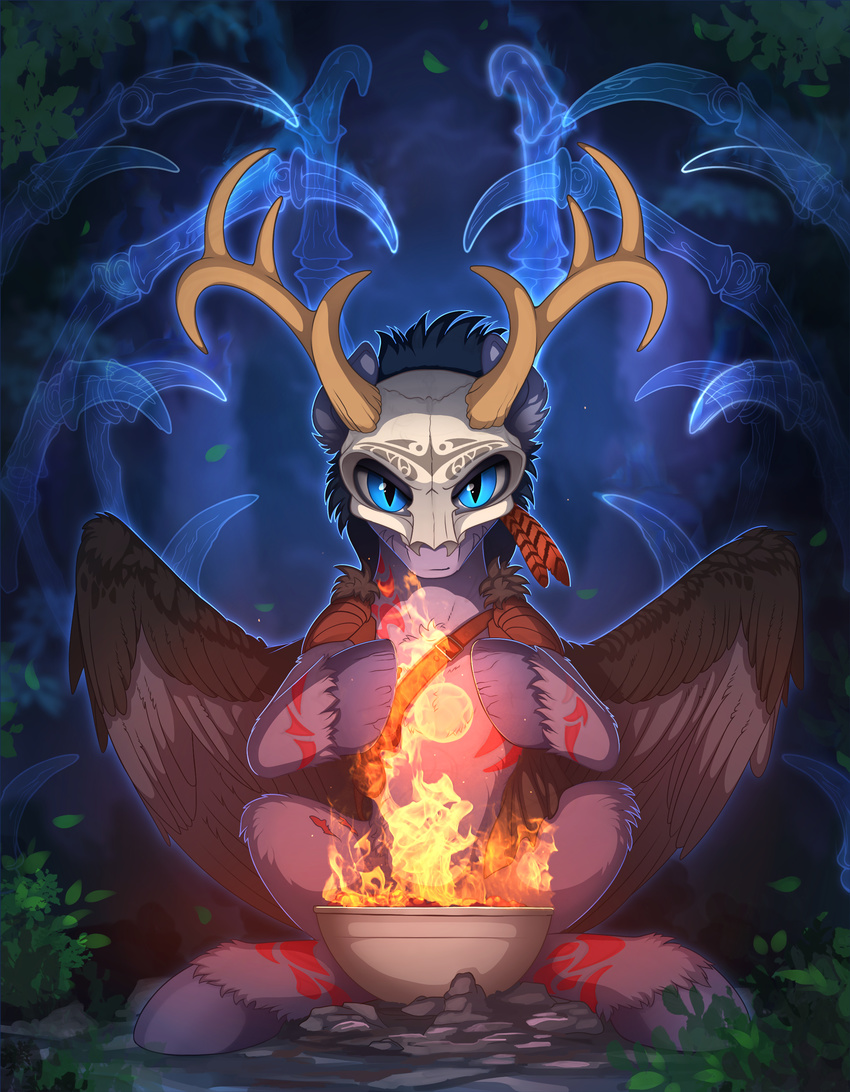 antlers blue_eyes blue_hair detailed_background equine fan_character feathered_wings feathers hair hooves horn looking_at_viewer mammal markings my_little_pony night nude outside pegasus sitting smile solo wings yakovlev-vad