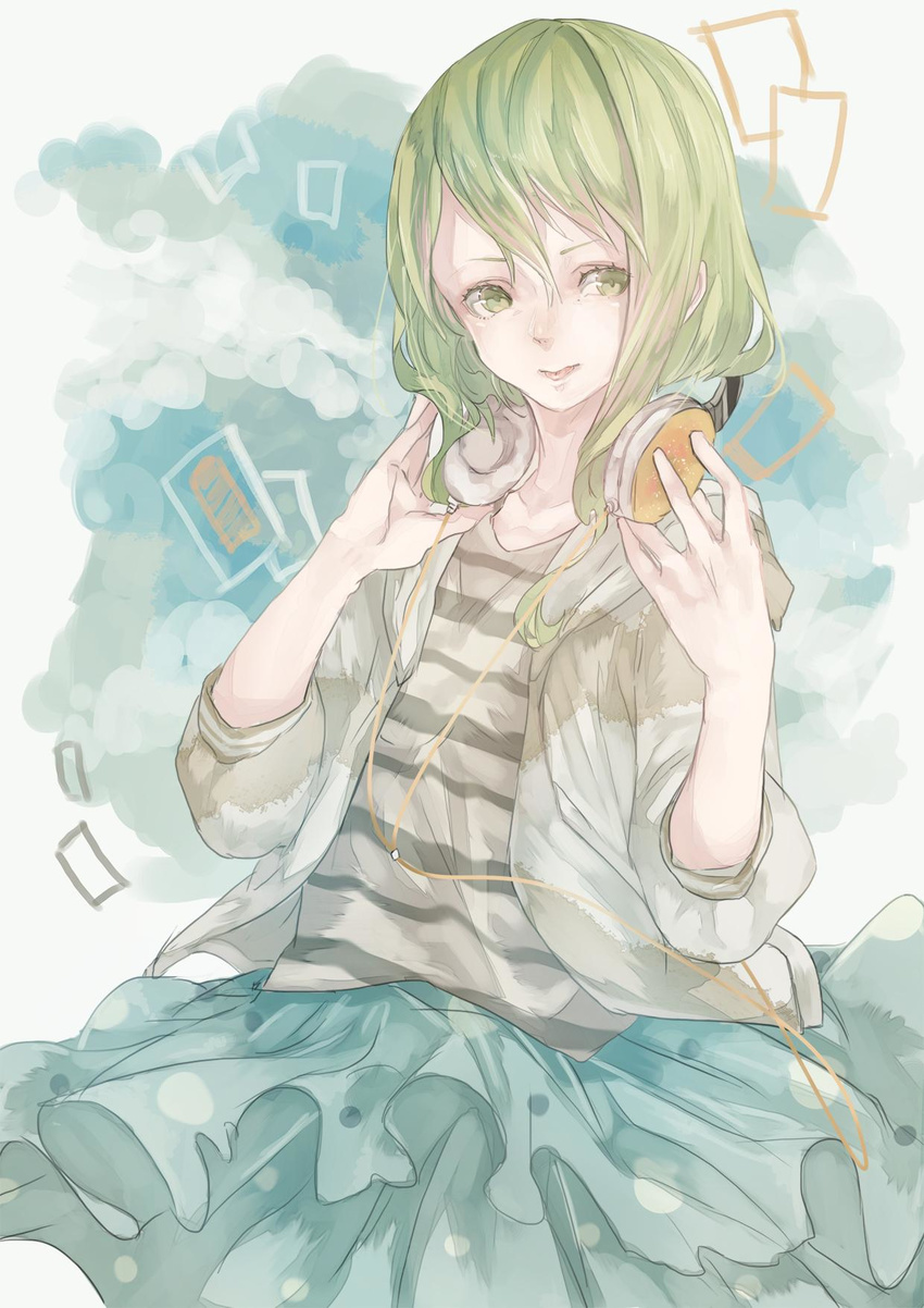 :p blue_skirt commentary_request earphones frilled_skirt frills green_eyes green_hair gumi headset highres hood hoodie looking_at_viewer mizutame_tori shirt sketch skirt solo striped striped_shirt tongue tongue_out vocaloid