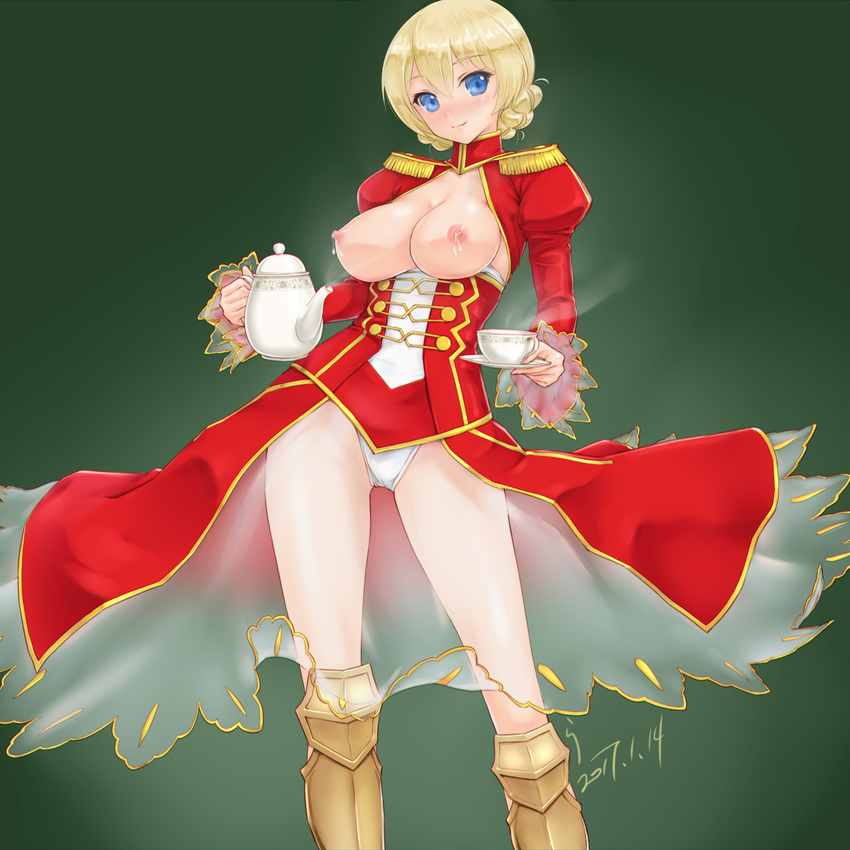 blonde_hair blue_eyes boots braid breasts breasts_outside center_opening cosplay cup darjeeling dress epaulettes fate/extra fate_(series) girls_und_panzer green_background highres lactation large_breasts leotard nero_claudius_(fate) nero_claudius_(fate)_(all) nero_claudius_(fate)_(cosplay) nipples rasukaru red_dress saucer see-through short_hair showgirl_skirt solo steam teacup teapot tied_hair twin_braids