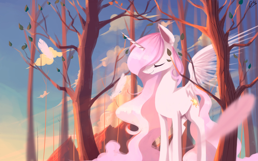 cutie_mark day detailed_background equine eyes_closed feathered_wings feathers female feral forest friendship_is_magic gianghanez2880 hair horn mammal my_little_pony nude outside pink_hair princess_celestia_(mlp) sky smile solo standing tree white_feathers winged_unicorn wings