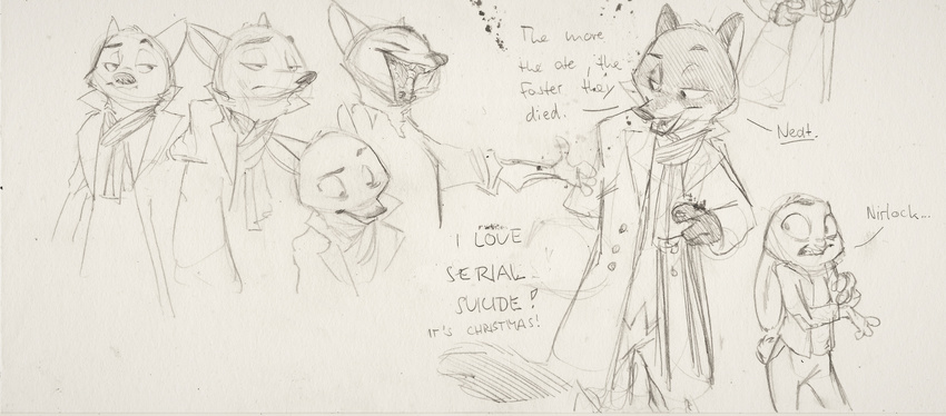 2017 anthro black_and_white canine clothed clothing crossover dialogue disney duo english_text female fox judy_hopps lagomorph male mammal monochrome monoflax nick_wilde rabbit restricted_palette scarf sherlock_(series) simple_background sketch sketch_page text trenchcoat white_background zootopia