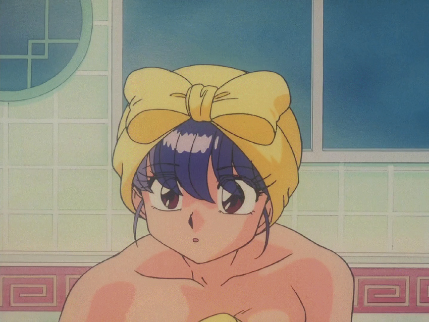 1girl 90s :o animated animated_gif bath breasts cleavage collarbone eyelashes indoors large_breasts long_hair navel nipples nude purple_hair ranma_1/2 shampoo_(ranma_1/2) smile solo towel upper_body