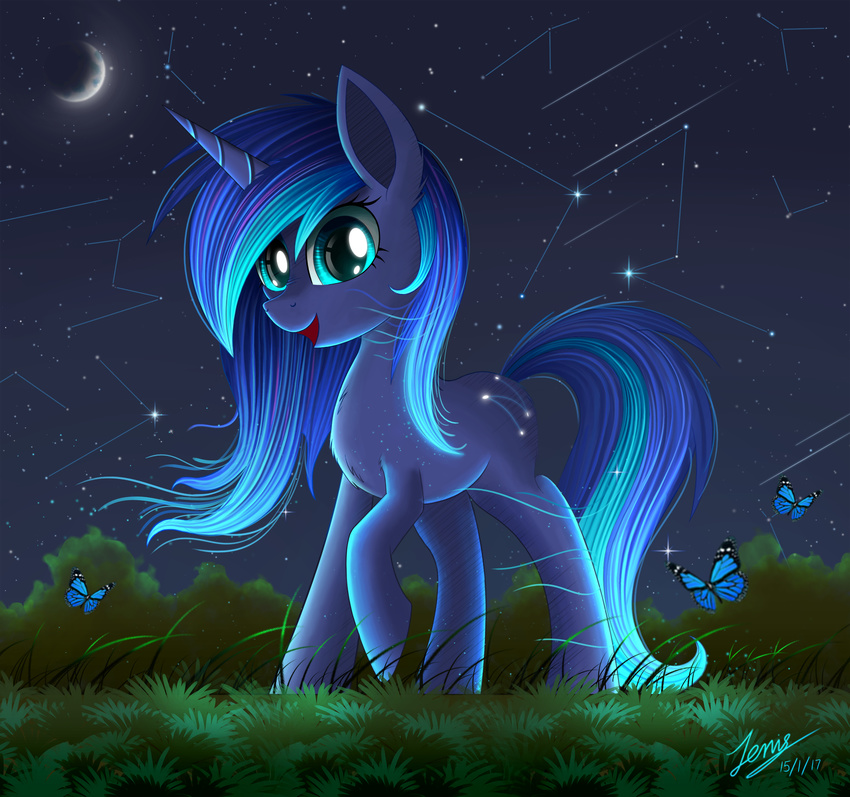 blue_eyes blue_fur blue_hair cutie_mark detailed_background duskie-06 equine eyelashes fan_character female feral fur grass hair hooves horn mammal moon my_little_pony night nude outside sky smile solo standing star starry_sky unicorn