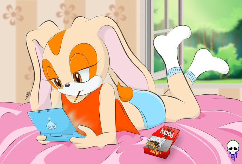 2016 3ds bed black_nose brown_eyes candy chao clothed clothing cream_the_rabbit detailed_background female food gaming half-closed_eyes lagomorph legwear mammal mobian_(species) nintendo on_bed panties playing_videogame rabbit reaperlove shirt socks solo sonic_(series) underwear video_games young