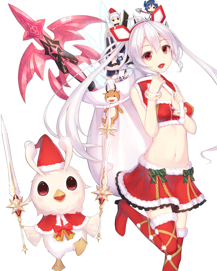 :d ahoge bell blush boots breasts capelet christmas commentary_request cowboy_shot dual_wielding frilled_skirt frills fur-trimmed_boots fur_trim hair_between_eyes hat headgear highres holding holding_sword holding_weapon innocent_cluster leg_up long_hair looking_at_viewer matoi_(pso2) munuu navel open_mouth phantasy_star phantasy_star_online_2 rappy red_eyes red_footwear red_legwear red_skirt sack santa_boots santa_costume santa_hat scrunchie skirt small_breasts smile stomach strapless sword teeth thigh_boots thighhighs tubetop twintails weapon white_hair wrist_scrunchie