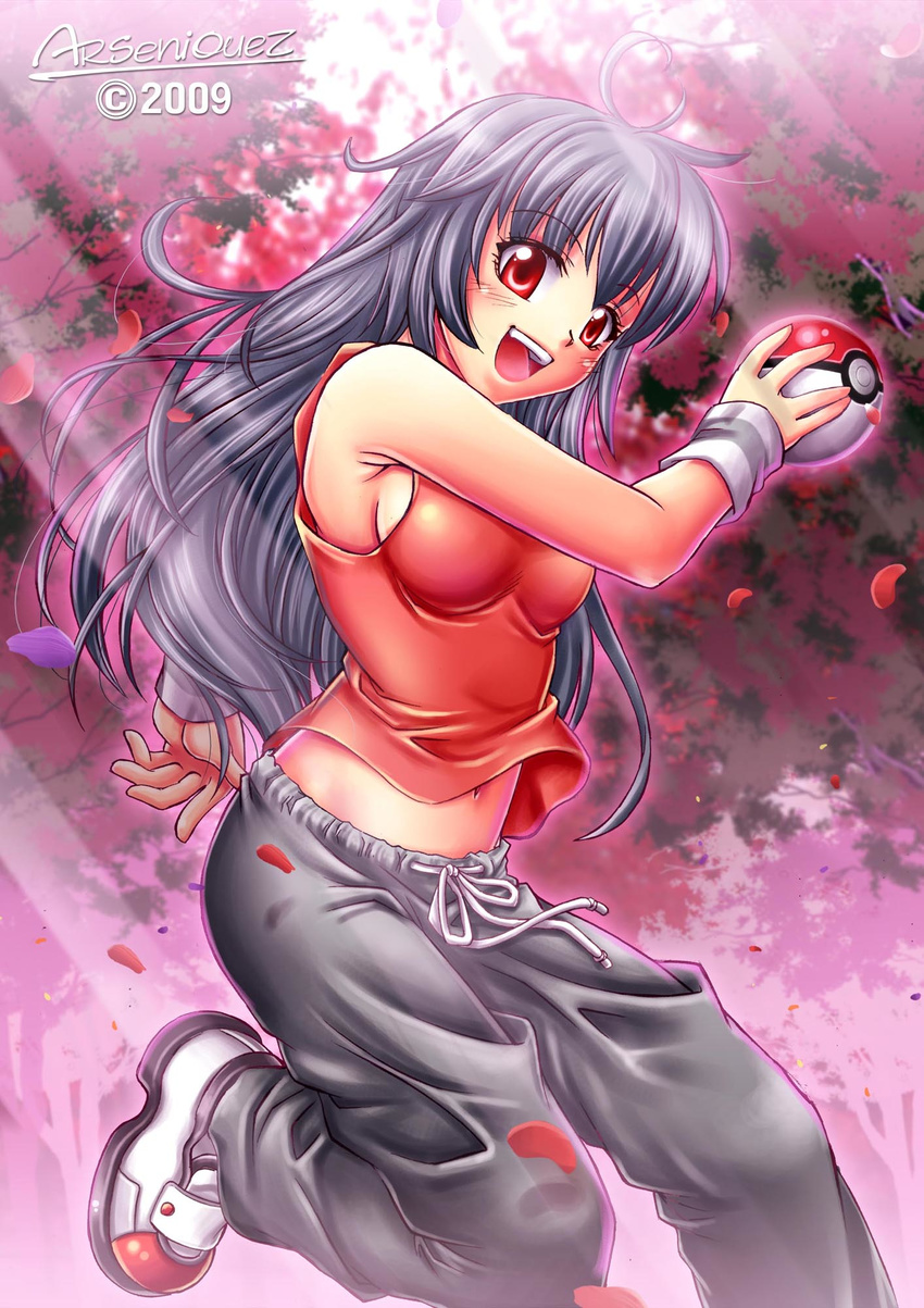 2009 :d ahoge armlet armpits artist_name black_hair blush borrowed_character cherry_blossoms highres holding holding_poke_ball long_hair navel open_mouth original pants petals poke_ball pokemon red_eyes red_shirt ribbon shirt sleeveless smile solo songwut_ouppakarndee stomach tank_top track_pants tree very_long_hair white_ribbon