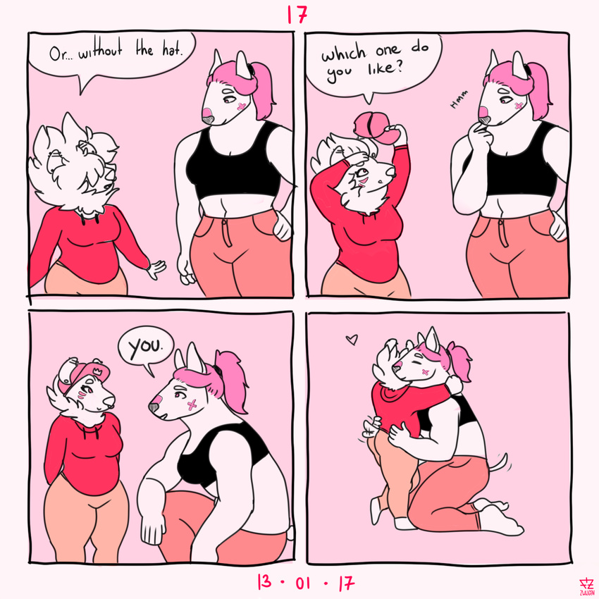 &lt;3 2017 abs anthro big_hair breasts comic cute female female/female fluffy fluffy_hair fur hair humor invalid_color love male male/male muscular overweight pink_hair printed_pink slightly_chubby sophie_(zwijgen) spats_(zwijgen) tall two_characters white_fur zwijgen