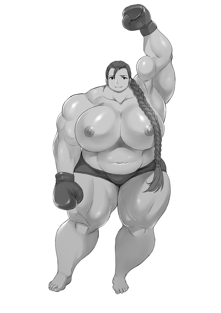 1girl boxing_gloves braid breasts extreme_muscles female gao-lukchup gigantic_breasts monochrome muscle navel nipples solo