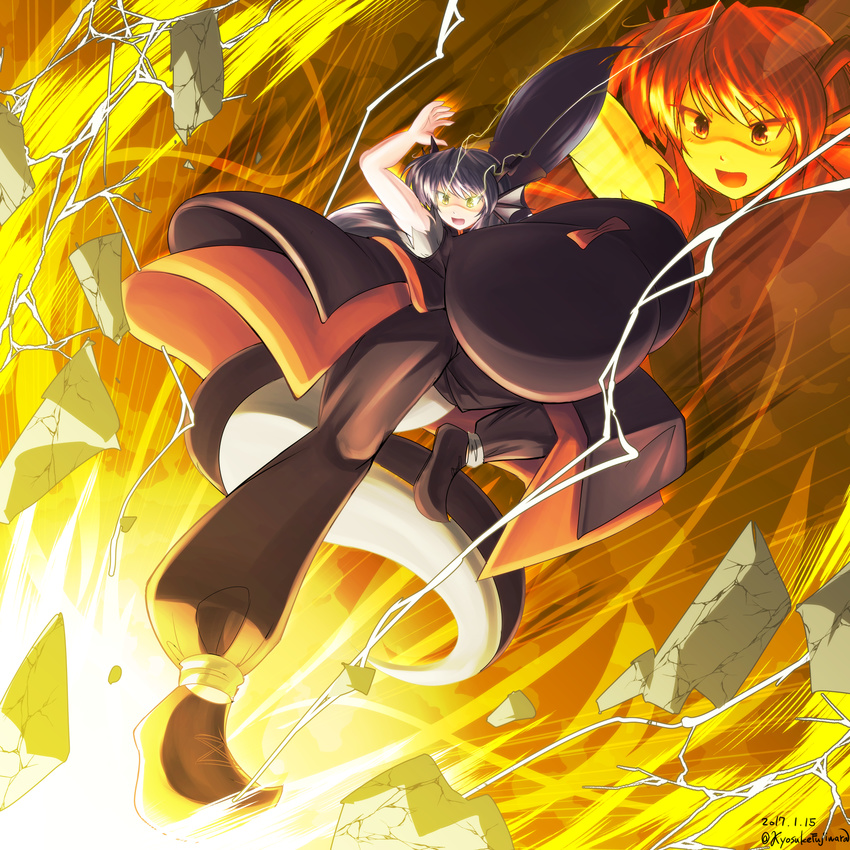 black_hair breasts dynamite_kick explosion fin_ears flames gigantic_breasts kyosuke_fujiwara_(xacro) tail yellow_eyes