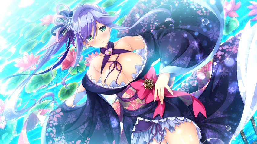 blush breasts cleavage floating_hair floral_print flower game_cg green_eyes hair_ornament highres large_breasts lily_(flower) long_hair looking_at_viewer lovekami obi official_art sara_benzaiten sash smile solo water wide_sleeves yashima_takahiro