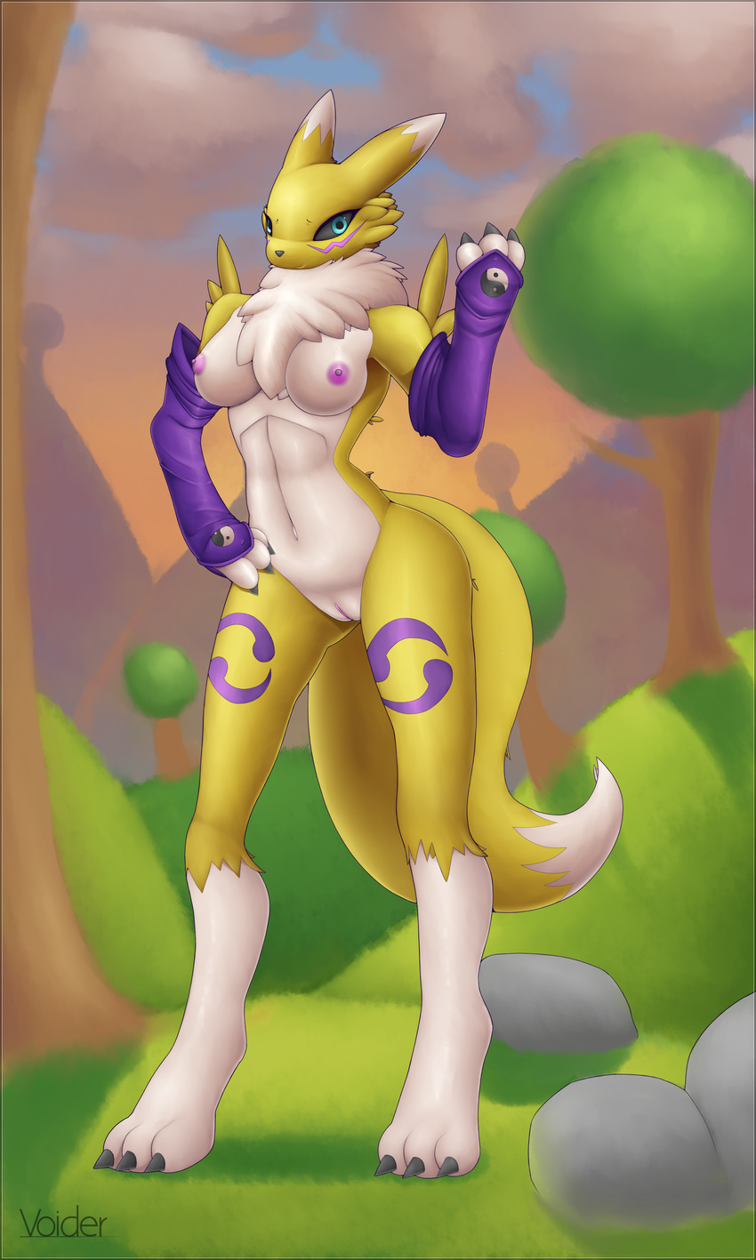 2017 anthro areola black_claws black_sclera blue_eyes breasts bridal_gauntlets canine claws clothing cloud digimon english_text female fox fur grass looking_at_viewer mammal mostly_nude navel nipples outside pink_nipples pussy renamon rock signature sky smile solo text toe_claws tree tuft voider_(artist) white_fur yellow_fur