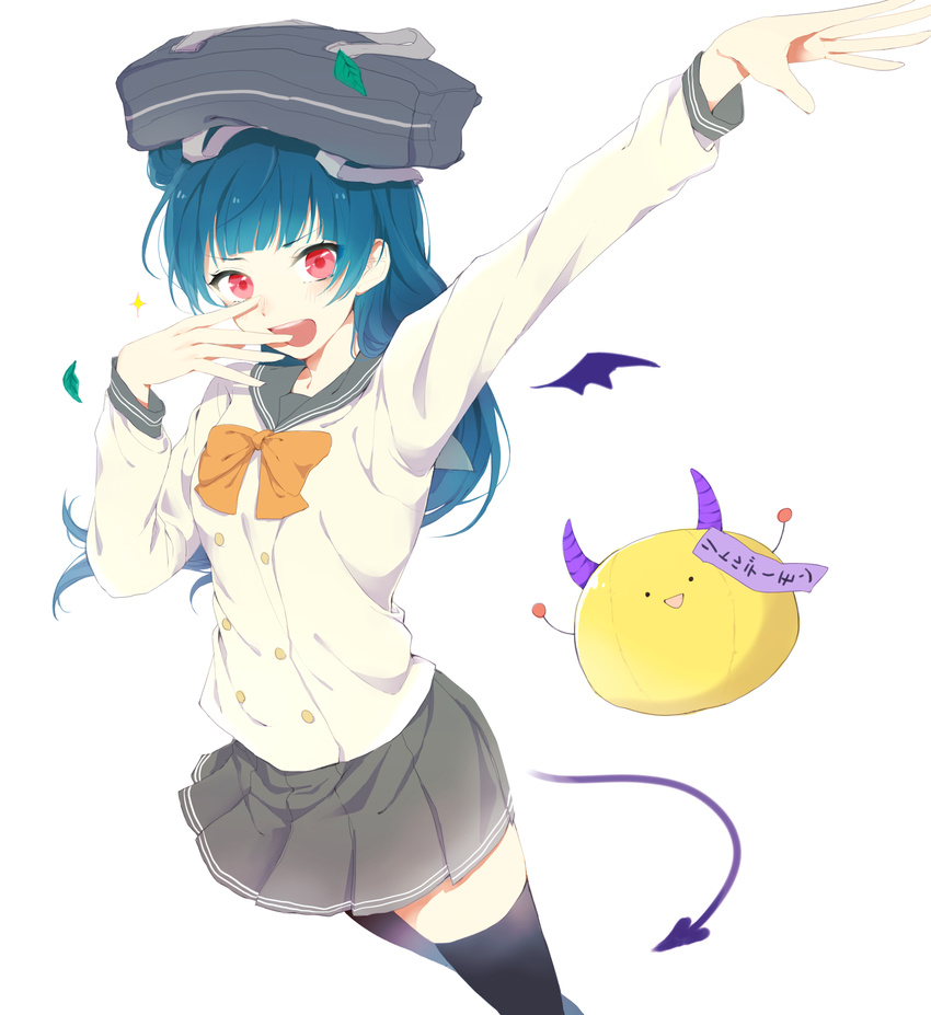 :d arm_up azuma_(no488888) bag bag_on_head bangs black_legwear blue_hair bow bowtie commentary_request demon_tail demon_wings di_gi_charat double-breasted gema grey_skirt hand_over_face highres horns leaf long_hair long_sleeves looking_at_viewer love_live! love_live!_sunshine!! miniskirt open_mouth pleated_skirt red_eyes school_bag school_uniform serafuku side_bun simple_background skirt smile sparkle tail thighhighs tsushima_yoshiko uranohoshi_school_uniform white_background wings yellow_bow yellow_neckwear