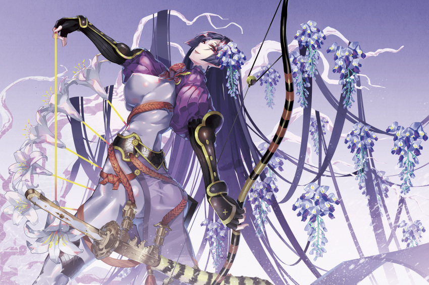 1girl animal_print arm_guards ass bangs black_gloves bodysuit bow_(weapon) breasts commentary_request curvy erect_nipples fate/grand_order fate_(series) fingerless_gloves flower gloves hair_flower hair_ornament holding holding_bow_(weapon) holding_weapon large_breasts loincloth long_hair looking_back minamoto_no_raikou_(fate/grand_order) parted_bangs pelvic_curtain purple_background purple_bodysuit purple_eyes purple_hair ribbed_sleeves rope standing sword sword_behind_back tabard tiger_print tsurukame very_long_hair weapon