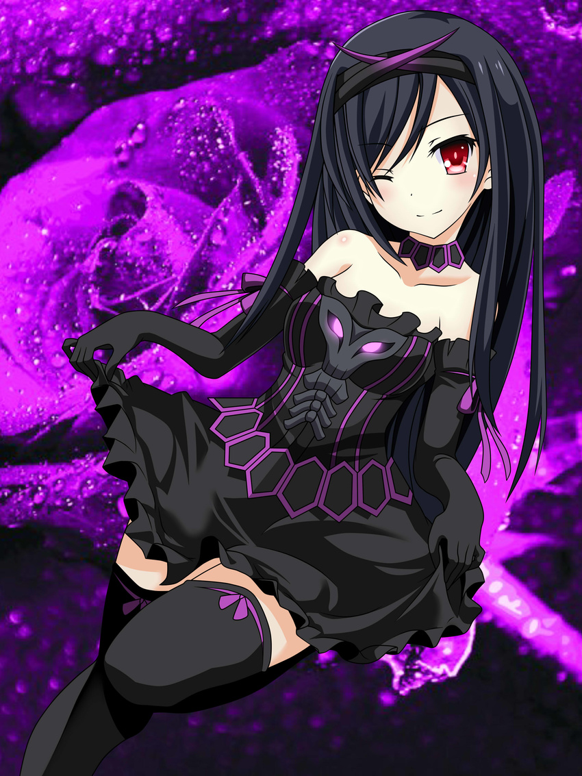 1girl breasts dress elbow_gloves gore_magala long_hair monster_hunter personification red_eyes thighhighs wink