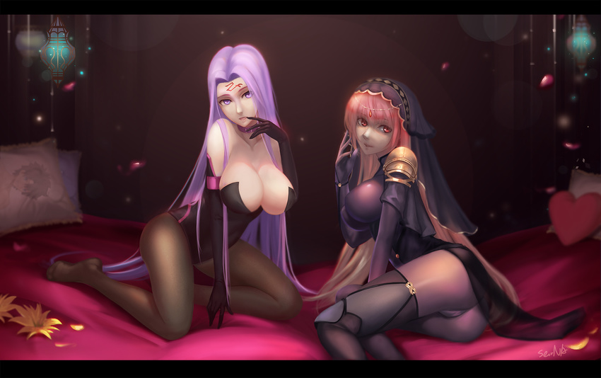 2girls all_fours armor artist_request ass bare_shoulders bed bodysuit breasts choker cleavage come_hither elbow_gloves fate/grand_order fate_(series) gloves glowing glowing_eyes large_breasts leotard long_hair looking_at_viewer lying multiple_girls on_side open_mouth pantyhose pink_hair purple_eyes purple_hair red_eyes rider scathach_(fate/grand_order) shiny shiny_clothes shiny_hair skin_tight smile veil very_long_hair