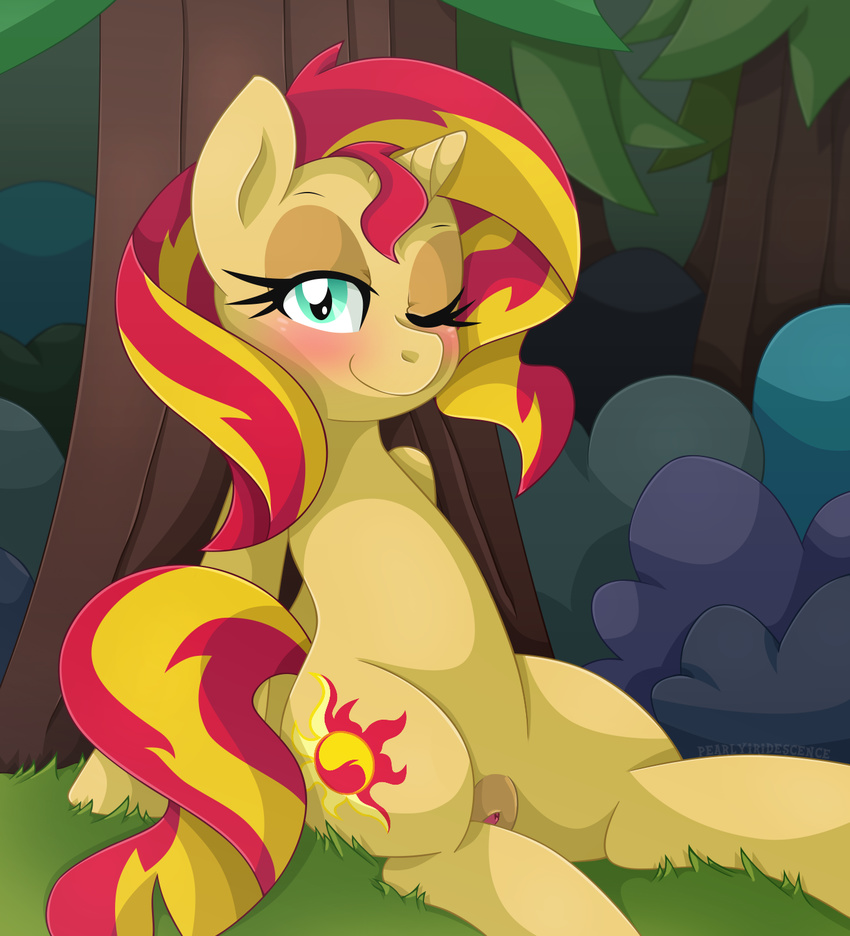 2017 arm_support blue_eyes blush clitoris equestria_girls equine female feral hair horn leaning leaning_back long_hair looking_at_viewer mammal multicolored_hair my_little_pony one_eye_closed outside pearlyiridescence plump_labia presenting presenting_pussy pussy sitting smile solo sunset_shimmer_(eg) tree two_tone_hair unicorn wink