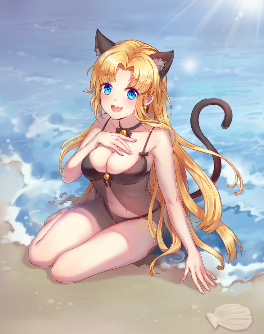 1girl absurdres animal_ears barefoot beach bikini black_bikini black_ribbon blonde_hair blue_eyes breasts cat_ears cat_tail choker collarbone day eyebrows_visible_through_hair highres hiroshi_taeru_qwq large_breasts long_hair navel original outdoors ribbon ribbon_choker see-through sketch solo swimsuit tail very_long_hair