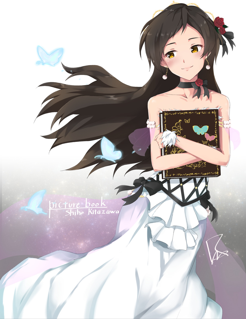 absurdres bare_shoulders blush book brown_eyes brown_hair bug butterfly choker dress earrings hair_ornament highres idolmaster idolmaster_million_live! insect jewelry kitazawa_shiho long_hair raidensan smile solo
