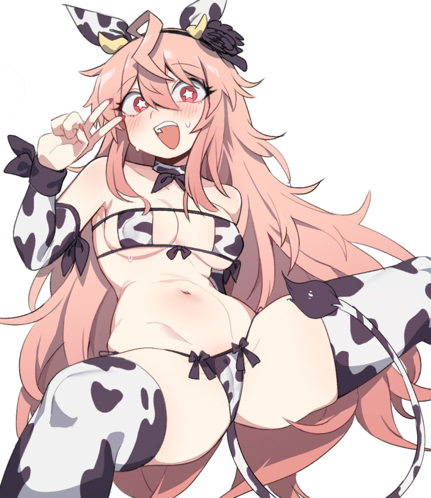 1girl ahoge animal_ears black_souls breasts cleavage commentary cow_ears cow_horns cow_print_bikini cow_tail detached_sleeves groin highres horns long_hair looking_at_viewer medium_breasts navel nyong_nyong pink_eyes pink_hair prickett_(black_souls) simple_background solo star-shaped_pupils star_(symbol) symbol-only_commentary symbol-shaped_pupils tail thighhighs white_background