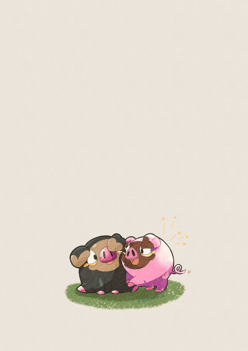 alternate_color animal_focus artist_name black_skin colored_skin commentary_request curled_tail highres lechonk no_humans on_grass pig pink_skin pokemon pokemon_(creature) shiny_pokemon simple_background snout twitter_username white_background zozozoshion