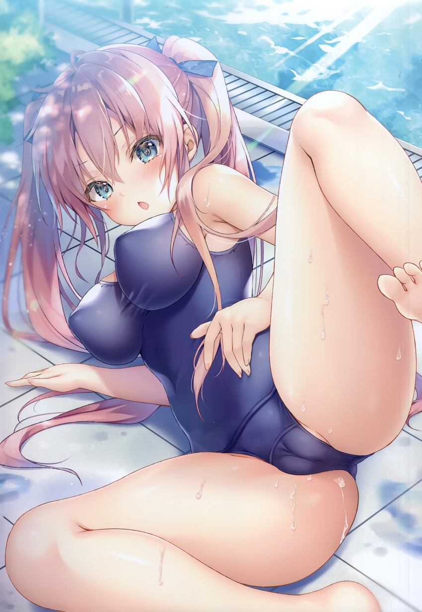 1girl :o absurdres bare_arms bare_legs bare_shoulders barefoot blue_eyes blue_one-piece_swimsuit blue_ribbon blush breasts bush cameltoe collarbone covered_navel covered_nipples day eyelashes feet groin hair_between_eyes hair_ribbon highres impossible_clothes impossible_swimsuit kino_(kino_konomi) large_breasts leg_up long_hair looking_at_viewer lying melonbooks non-web_source old_school_swimsuit on_side one-piece_swimsuit open_mouth original outdoors photoshop_(medium) pink_hair pool pool_ladder poolside ribbon school_swimsuit sidelocks skin_tight soles solo sweat swimsuit taut_clothes taut_swimsuit toes twintails very_long_hair water