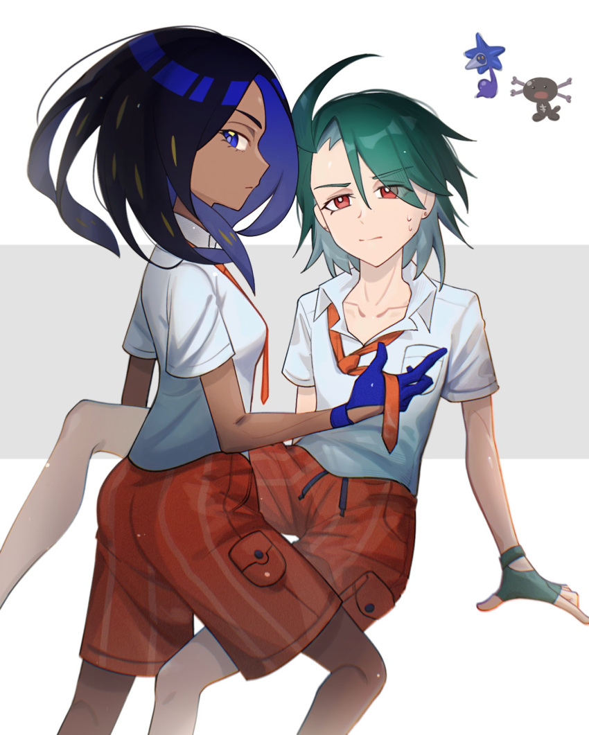 2girls aged_down ahoge black_hair blue_eyes breast_pocket breasts bright_pupils closed_mouth collared_shirt commentary_request dark-skinned_female dark_skin earrings fingerless_gloves geeta_(pokemon) glimmet gloves green_hair highres jewelry loose_necktie molingxiang_chimangguo multiple_girls necktie orange_necktie orange_shorts paldean_wooper pocket pokemon pokemon_(creature) pokemon_sv red_eyes rika_(pokemon) school_uniform shirt short_sleeves shorts sweat white_pupils white_shirt