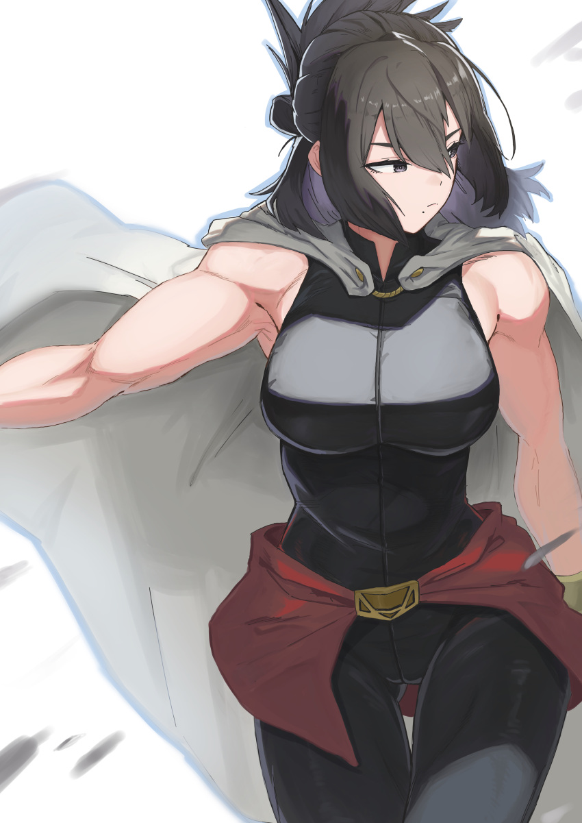 1girl absurdres black_bodysuit black_eyes black_hair bodysuit boku_no_hero_academia breasts cape gloves highres ichikwa01 large_breasts mole mole_under_mouth muscular muscular_female shimura_nana sleeveless sleeveless_bodysuit solo superhero white_cape yellow_gloves