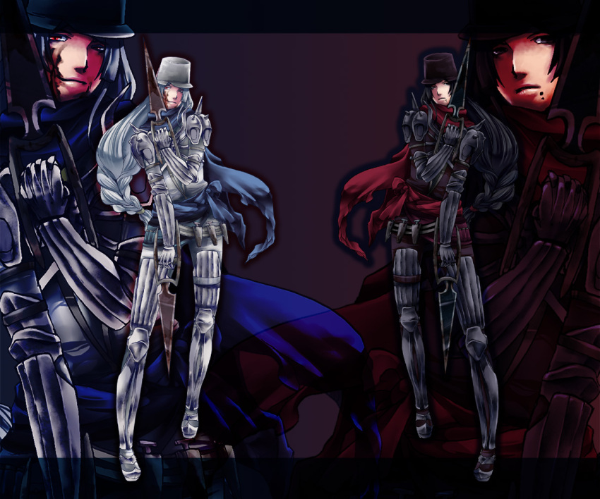 2boys alternate_color armor armored_boots black_armor black_bodysuit black_eyes black_hair black_headwear blood blood_on_face blood_on_weapon blue_cape blue_scarf bodysuit boots braid braided_ponytail cape closed_mouth commentary_request dagger dual_persona dual_wielding expressionless flowery_peko full_body gauntlets guillotine_cross_(ragnarok_online) hat holding holding_knife jamadhar knife leg_armor long_hair looking_at_viewer male_focus matching_outfits mole mole_under_mouth multiple_boys pauldrons ragnarok_online red_cape red_eyes red_scarf scarf shako_cap shoulder_armor smile waist_cape weapon white_armor white_hair white_headwear zoom_layer