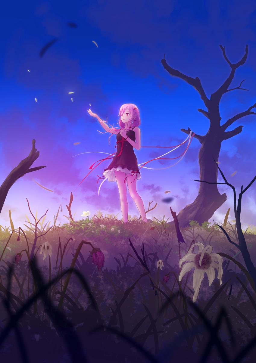 1girl absurdres bare_arms bare_legs bare_shoulders bare_tree black_dress dead_plants dress dress_ribbon flower frilled_dress frills guilty_crown hair_ornament hairclip highres ilstau long_hair nature on_grass open_mouth outdoors outstretched_hand pink_flower pink_hair red_eyes red_ribbon ribbon scenery solo standing tree twilight twintails white_dress white_flower white_ribbon wilted_flower wind wind_lift yuzuriha_inori