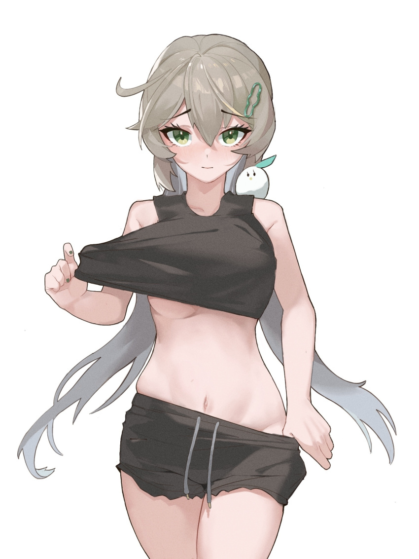 1girl black_shorts black_tank_top blush breasts chinese_commentary closed_mouth clothes_pull cowboy_shot eyelashes finger_under_clothes green_eyes green_nails hair_between_eyes hair_ornament hairclip highres honkai:_star_rail honkai_(series) light_brown_hair looking_at_viewer low_twintails medium_breasts midriff navel ningmeng_chamao qingque_(honkai:_star_rail) shirt_pull shorts shorts_pull simple_background skindentation solo tank_top twintails underboob white_background