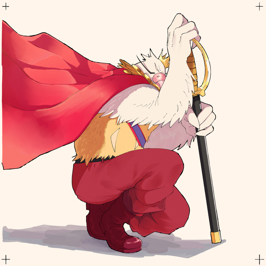 1boy boots cape crown facial_hair full_body furry highres how_long inko_daiou kimitachi_wa_dou_ikiru_ka kneeling mustache planted red_cape sheath sheathed solo sword weapon white_background